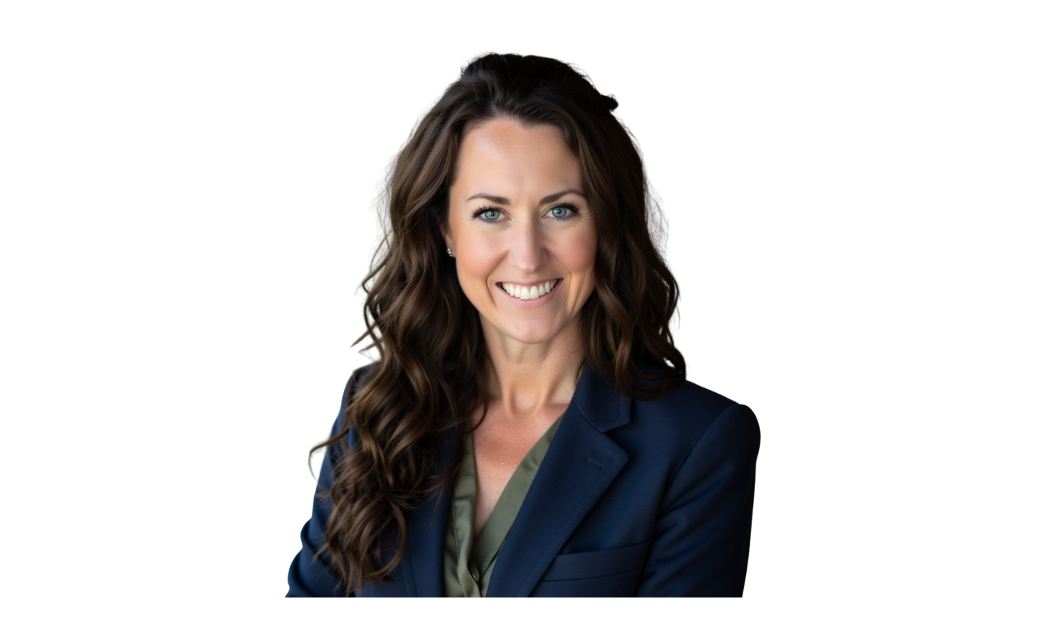 Jaclyn Recker in a navy blazer and olive blouse
